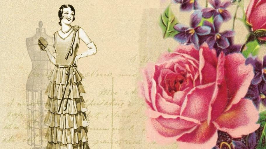 Auf der linken Seite sieht man eine Frau in einem Kleid. Sie trägt kurze Haare und kommt aus der goldenen Zwanzigern. Auf der rechten Seite sind rosa und lila Blumen